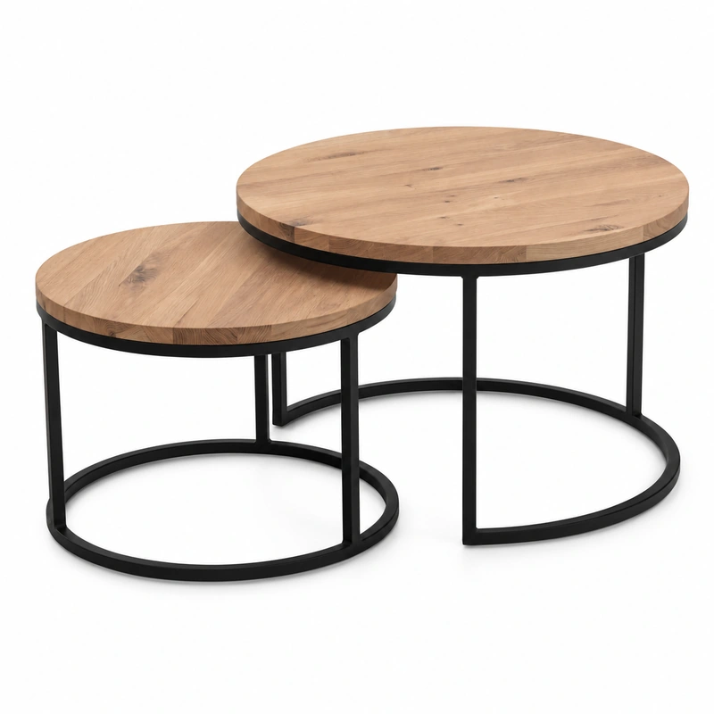 Mese Lemn Masiv - Set 2 masute de cafea Line din stejar masiv, blat 20 mm, metal negru mat