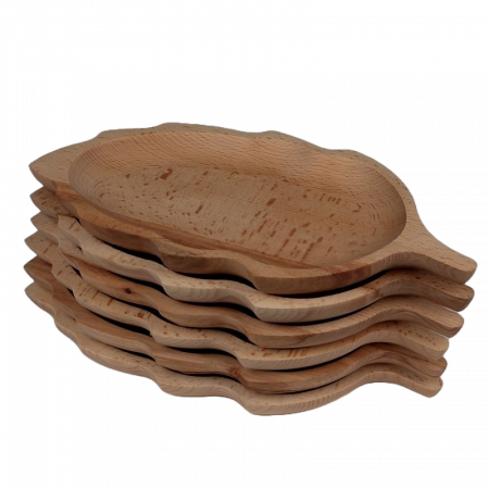 Platouri și tăvi din lemn - set-6-farfurii-din-lemn-de-fag-pentru-servire-model-frunză-34x18-cm