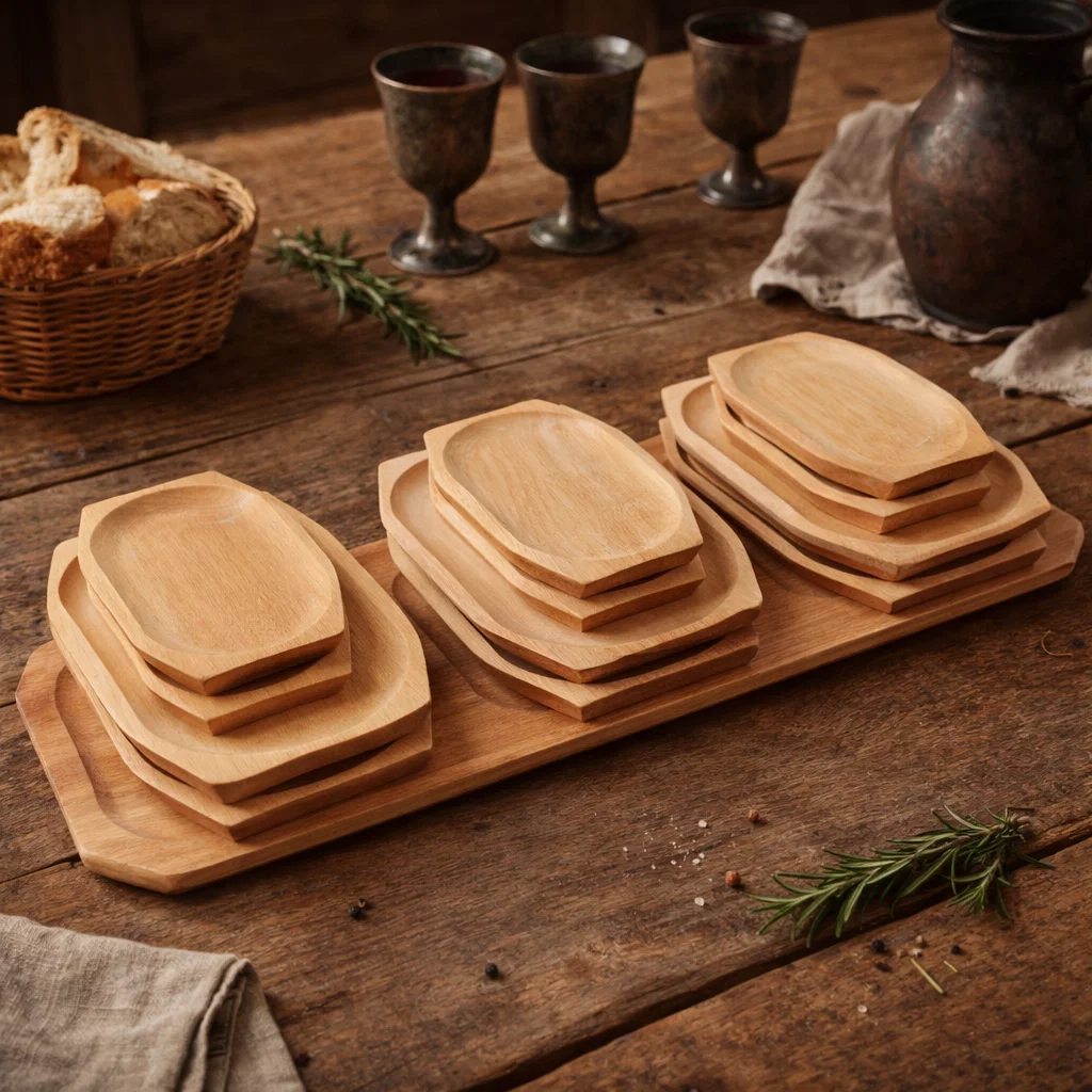 Platouri și tăvi din lemn - set-platou-servire-lemn-60x21cm-cu-12-farfurii atelier49.ro