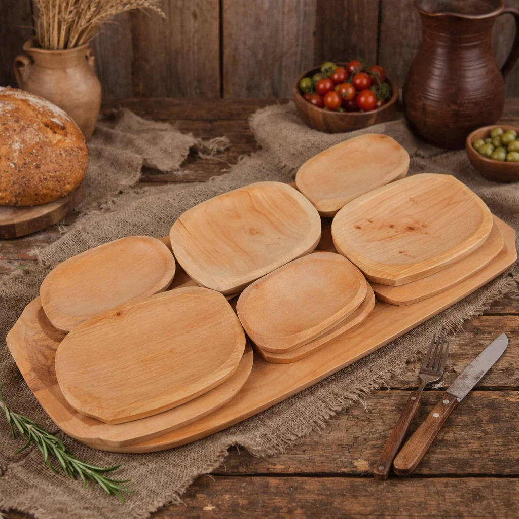 Platouri și tăvi din lemn - set-platou-servire-lemn-58x39cm-cu-12-farfurii atelier49.ro