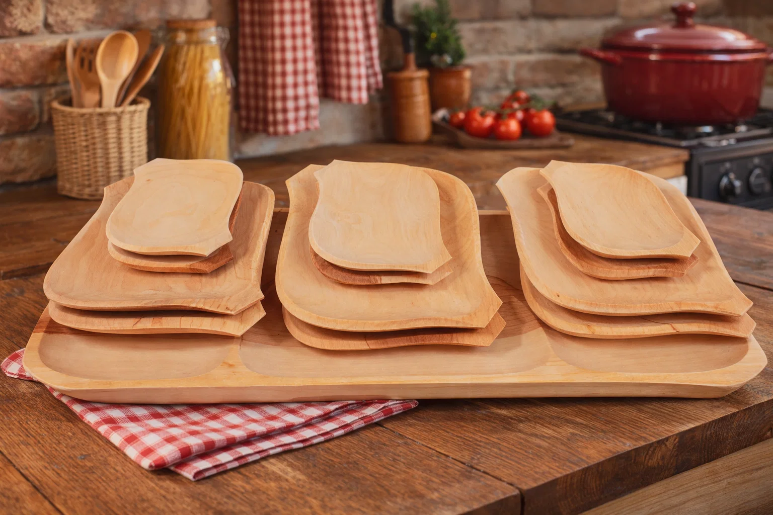 Platouri și tăvi din lemn - set-platou-servire-lemn-67x38cm-cu-12-farfurii-atelier49.ro