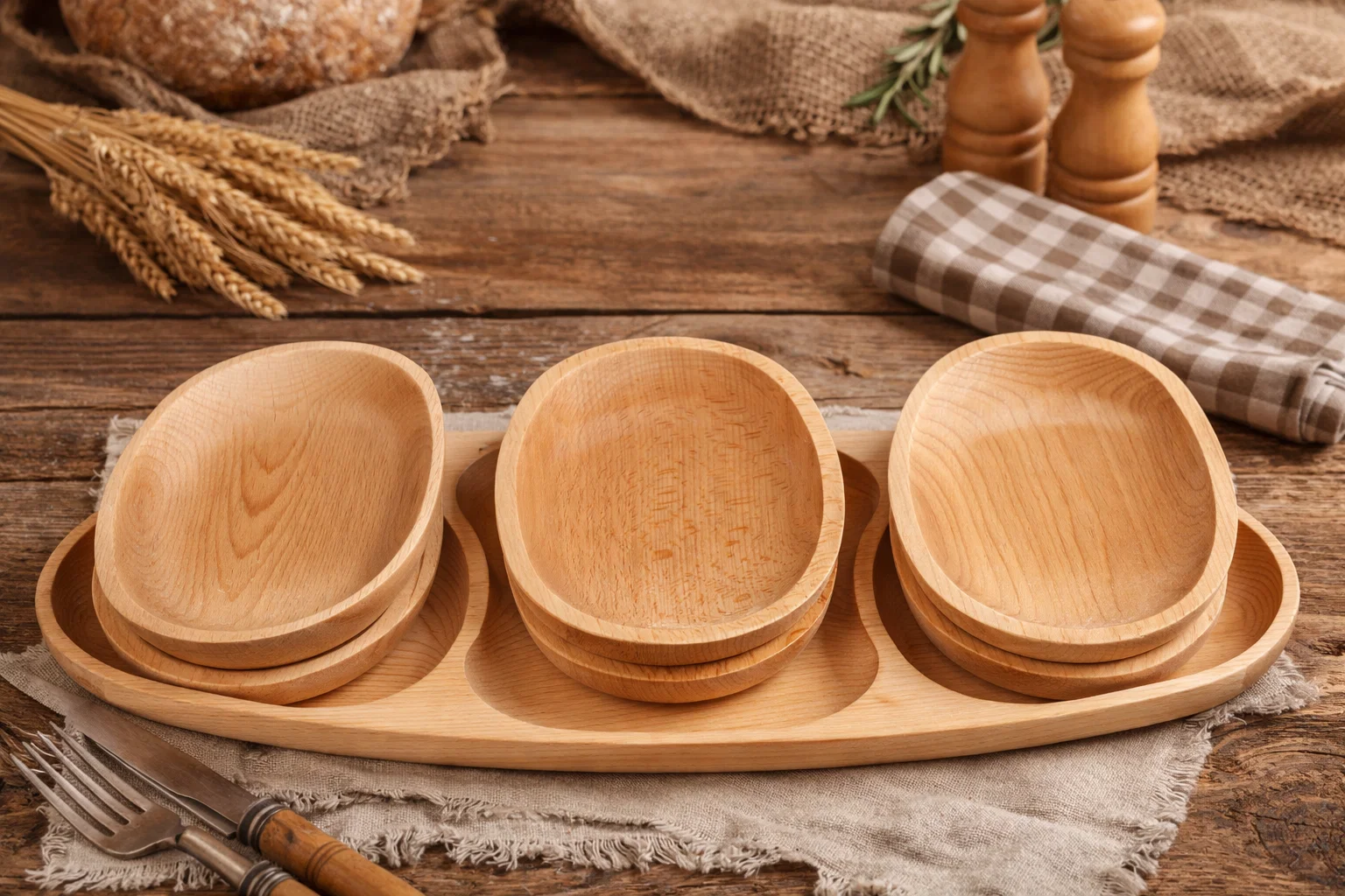 Platouri și tăvi din lemn - set-platou-servire-lemn-60x28cm-cu-6-farfurii-atelier49.ro