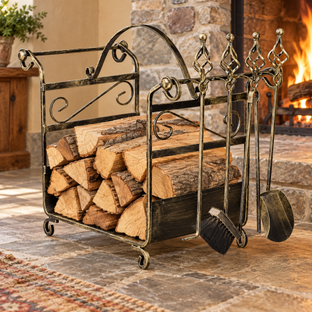 Accesorii șemineu - Set semineu din fier forjat cu ustensile si cos pentru lemne 84,5 x 41,5 x 59 cm