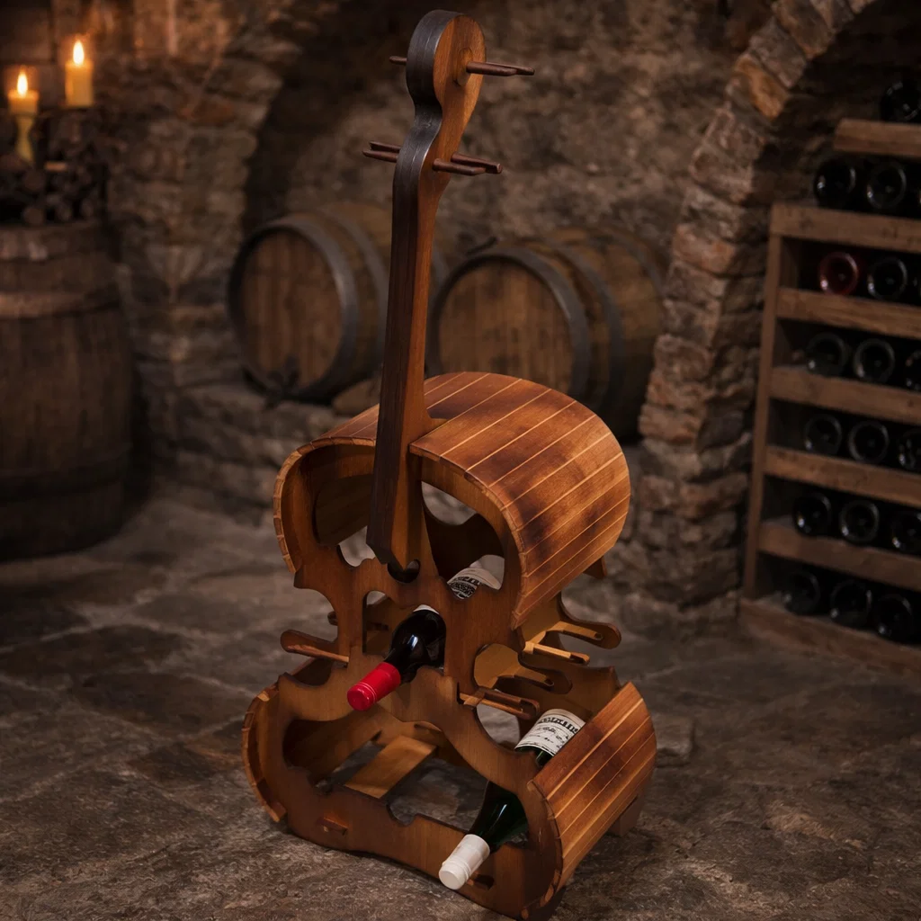 ARTICOLE DIN LEMN - Suport lemn pentru 6 sticle de vin si 10 pahare forma vioara 87x39x22 cm