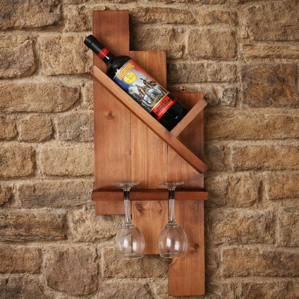 ARTICOLE DIN LEMN - suport-perete-vin-1-sticla-2-pahare-70x27-cm