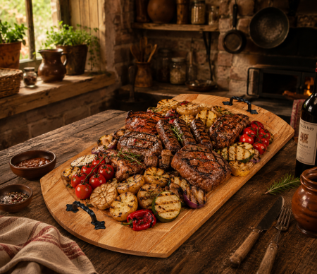 LEMN - Tavă din lemn cu mânere din fier forjat 68x40 cm pentru servire rustică