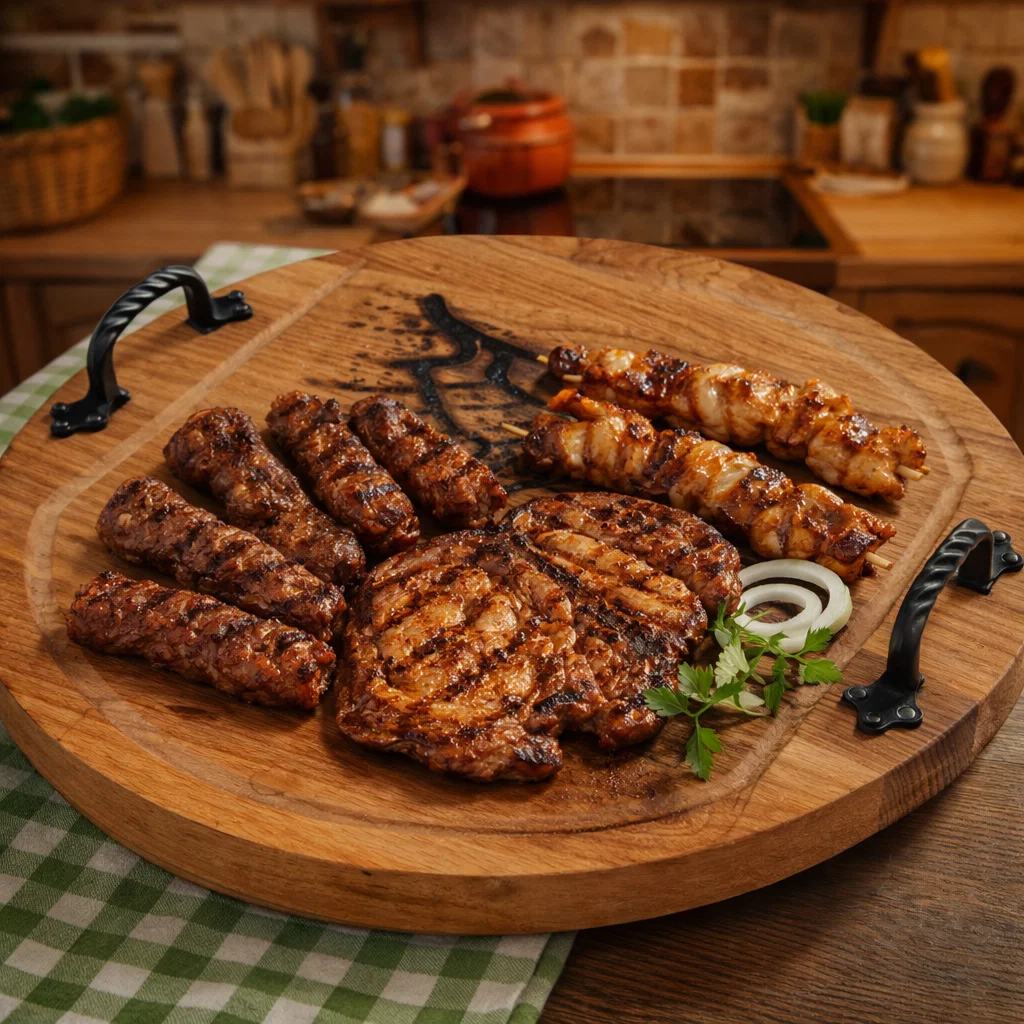 Platouri și tăvi din lemn - tava-lemn-rotunda-manere-fier-forjat- atelier49.ro