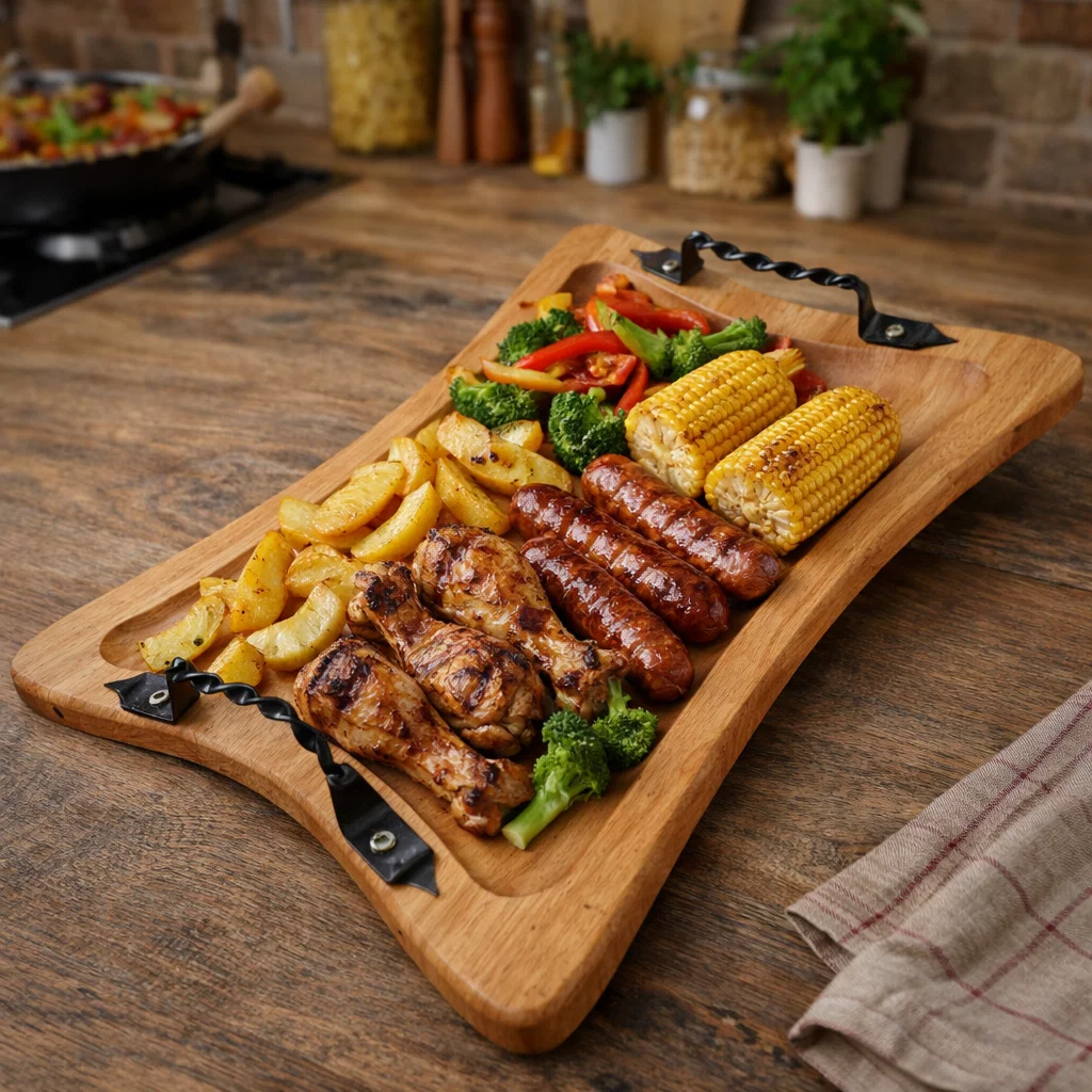 Platouri și tăvi din lemn - tava-lemn-cu-manere-din-fier-forjat-40x30-cm-atelier49.ro