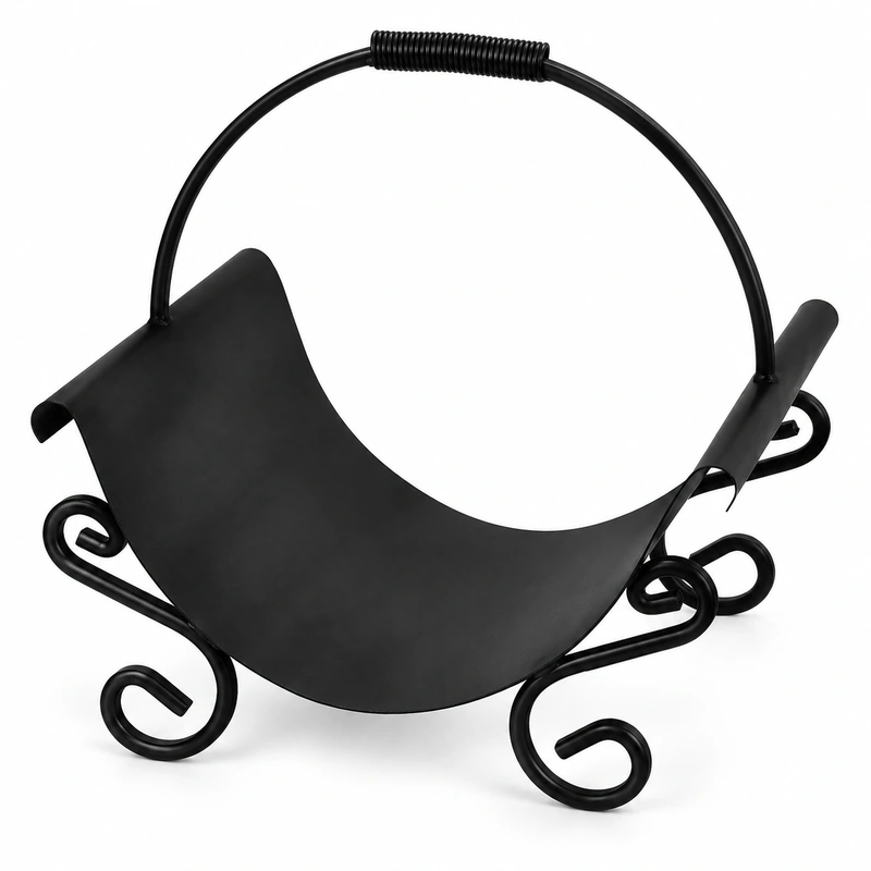 Cos pentru lemne din fier forjat cu maner, 42,5 x 36 x 44,5 cm Negru