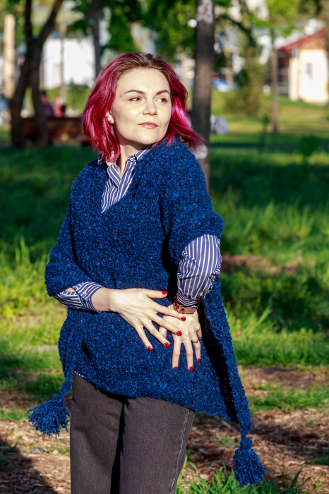 Poncho Tricotat Manual pentru Femei, albastru [3]