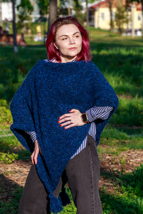 Poncho Tricotat Manual pentru Femei, albastru [4]