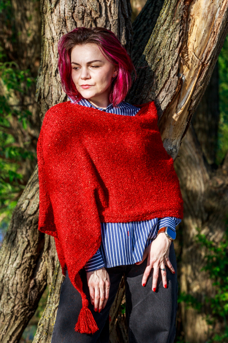 Poncho Tricotat Manual pentru Femei, rosu [2]