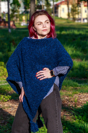 Poncho Tricotat Manual pentru Femei, albastru [3]