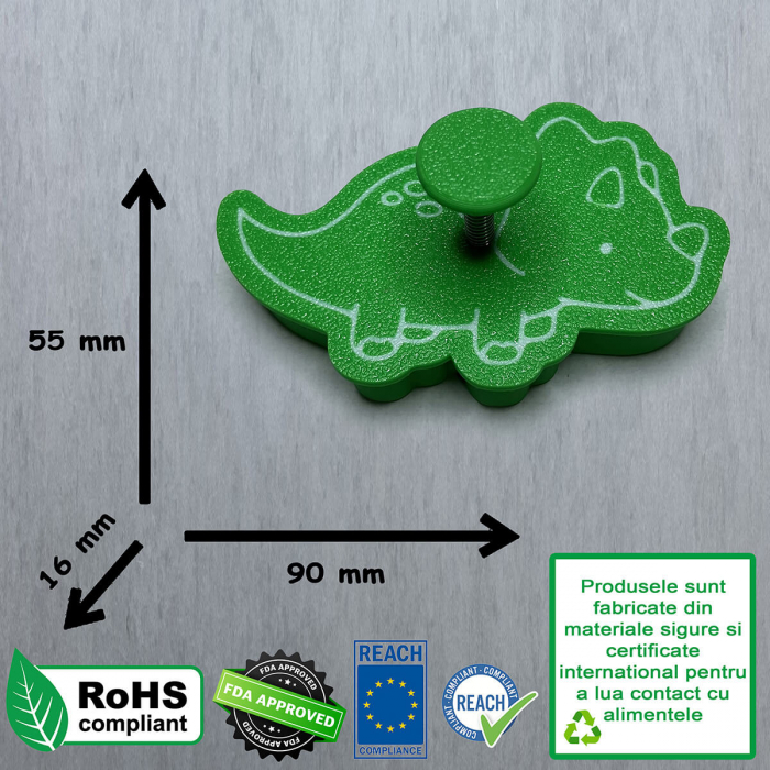 CookieStamp - Dinozaur Triceratops, 55x90x16 mm - Cookie Cutter Decorativ pentru Aluat, Ștampilă pentru Biscuiți Unicat - Ideal pentru copii [10]