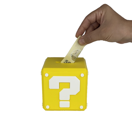 Pușculițe Tematice - Pusculita Cub Mario, design Mystery Box, 10x10x10cm cu capac de deschidere, Galben/Alb