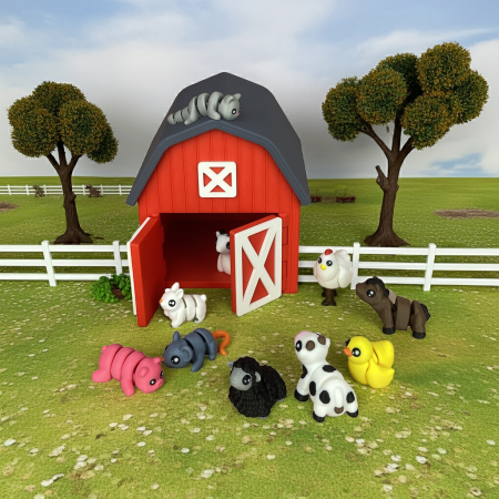 Ferma Animalelor - Hambar Rosu cu Animăluțe Zigluti - (Set 10/20 pcs) - Jucării Flexibile 3D | Figurine Interactive pentru Copii | Cadou Distractiv & Educativ | Material PLA Sigur [1]