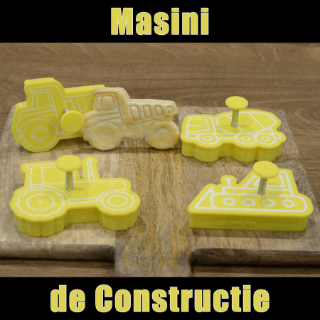 Seturi de Stampile - Set 4 Forme Prajituri - CookieStamps - Masini de Constructii - Cookie Cutters Decorative pentru Aluat, Ștampile Biscuiți Artizanali - forme ideale pentru copii