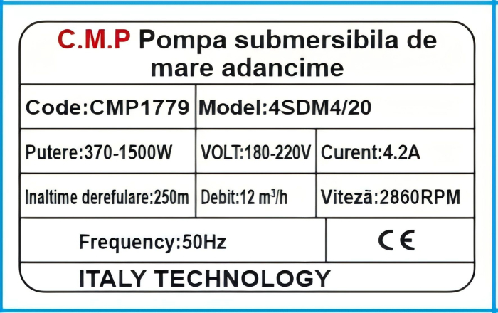12.000L/H Pompa submersibila de mare adancime AQUA TECH 4SDM3/20, 20turbine, Inaltime refulare 250m, 30m cablu, CMP1779 [2]