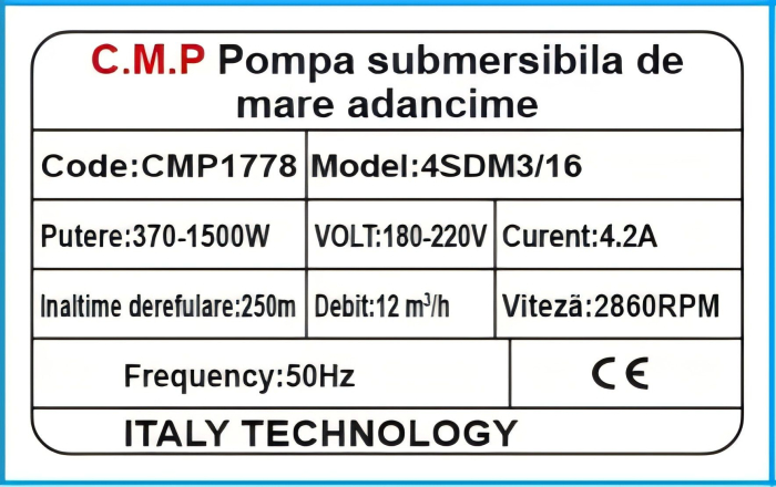 12.000L/H Pompa submersibila de mare adancime AQUA TECH 4SDM3/16, 16 turbine, Inaltime refulare 250m, 30m cablu, CMP1778 [2]