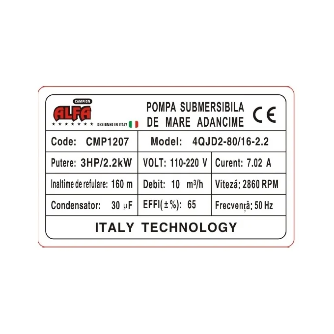 * 16 TURBINE * Pompa submersibila de mare adancime ALFA CMP1560, 4QJD2-80/16-2.2, 2.2kW (3HP), 10.000 l/h, Hmax 160m, cablu 30m, diametru 100mm, racord 1-1.5", 110-220V, bobinaj cupru, inox [3]