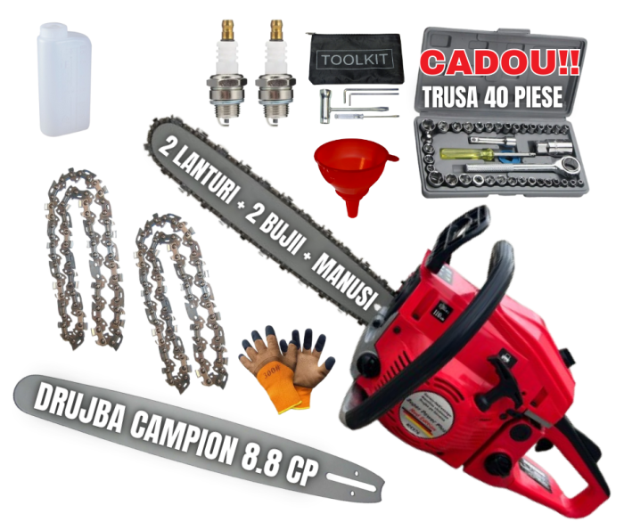 *SUPER Pachet* 8.8cp Drujba benzina + Trusa 40PCS tubulare + 2 lanturi + x2 bujii + accesorii + manusi protectie + pila , SuperPower Profesional [1]