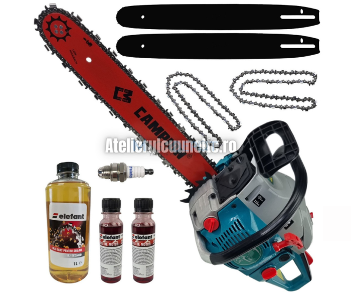 *Pachet* Motofierastrau pe benzina ( drujba ) Campion 6500, 7.5CP, 58cmc, 2 lame si 2 lanturi, pachet ulei, bujie de schimb [1]