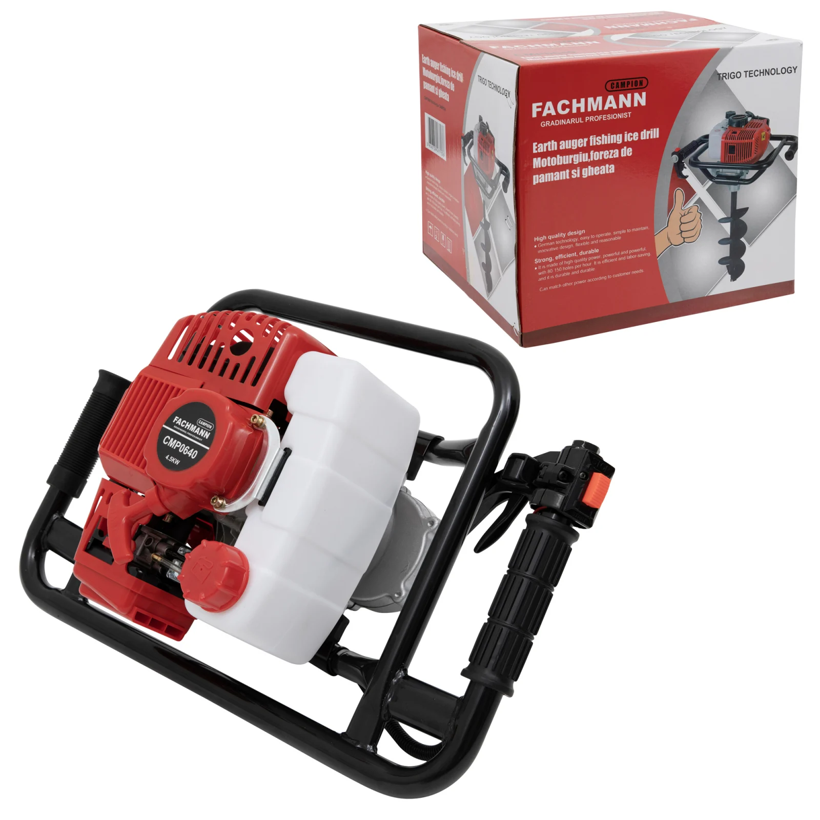 Motoburghiu 6 CP pe benzina pentru pamant cu 2 burghie de 200mm si 150mm incluse Trigo CAMPION Rosu [5]