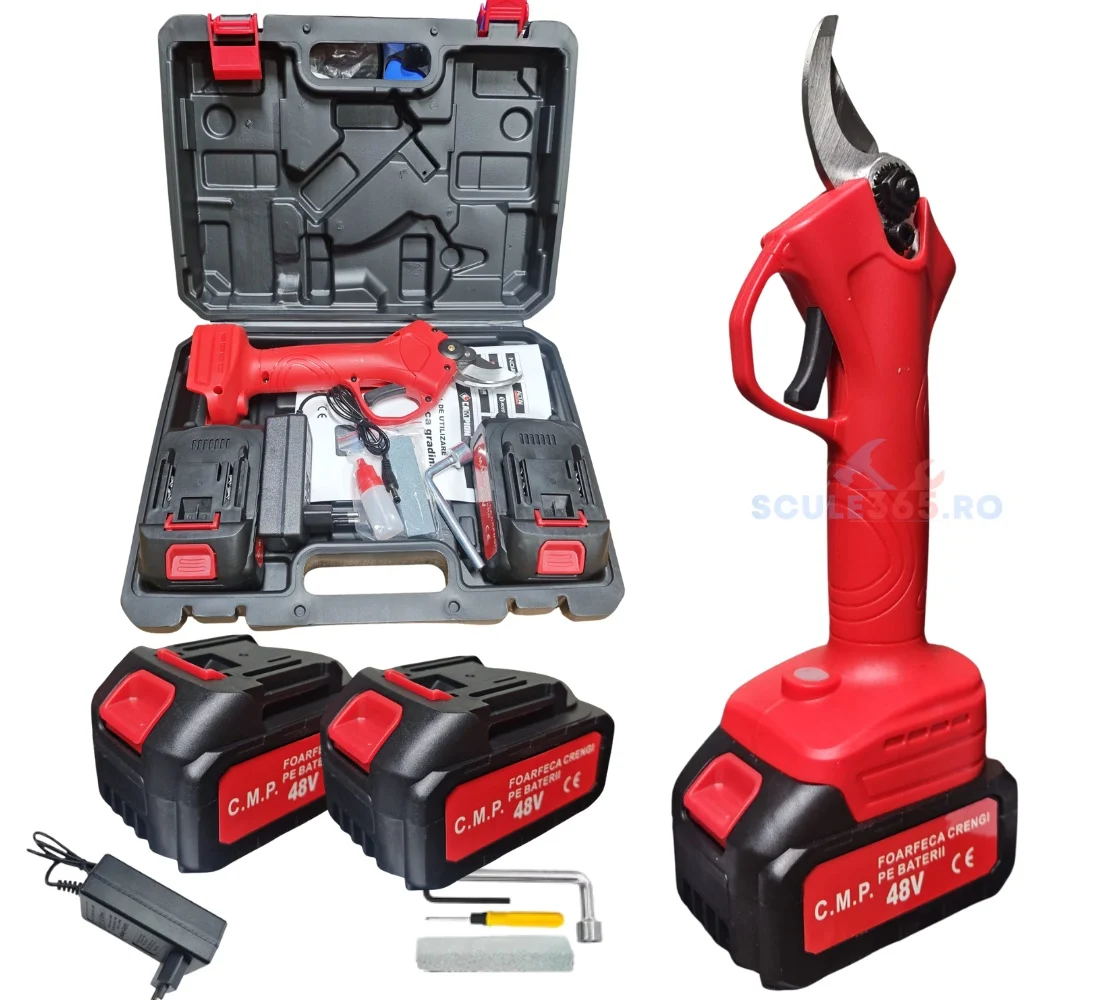 48V 10Ah Set Foarfeca si Mini Drujba cu 4 acumulatori  , Fierastrau  electric 170mm + Foarfeca gradina cu acumulator 27mm diametru Campion PROFESSIONAL [3]