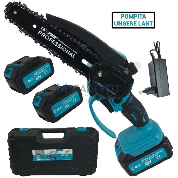 48V 10Ah Set Foarfeca si Mini Drujba cu 4 acumulatori  , Fierastrau  electric 170mm + Foarfeca gradina cu acumulator 27mm diametru Campion PROFESSIONAL [2]