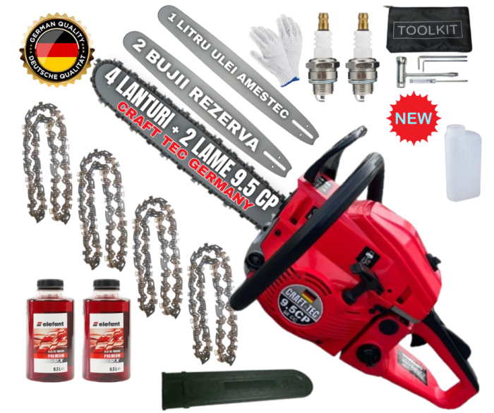 *MEGA PACHET* 9.5CP CRAFT-TEC GERMANY Drujba benzina + 4 lanturi + 2 lame + x2 ulei amestec 0.5L + x2 bujii + accesorii + manusi protectie + palnie Japan PROFFESIONAL [1]