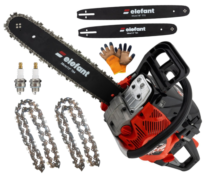 *OFERTA*Drujba pe benzina cu 2 lame si 2 lanturi + 2 bujii + manusi, ELEFANT EM-5.5, 10000 rot / min, 5,5 CP [1]