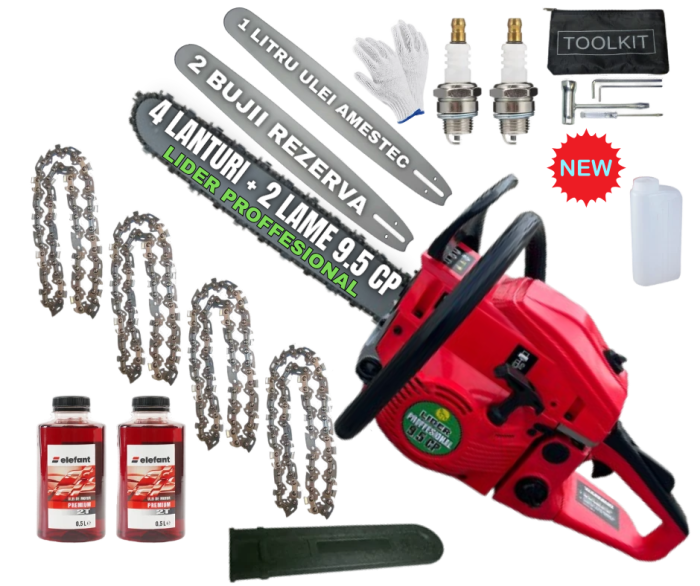 *MEGA PACHET* 9.5CP LIDER Proffesional Drujba benzina + 4 lanturi + 2 lame + x2 ulei amestec 0.5L + x2 bujii + accesorii + manusi protectie + palnie Japan PROFFESIONAL [1]