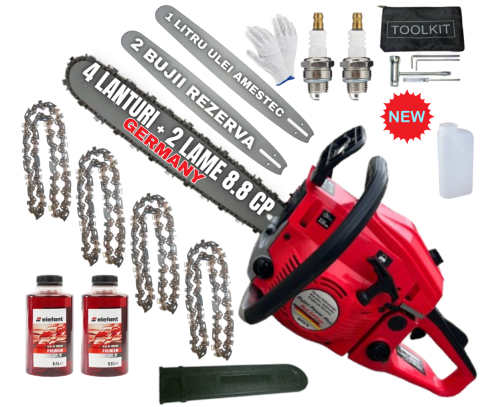 *SUPER Pachet* 8.8cp Drujba benzina + 4 lanturi + 2 lame + x2 ulei amestec 0.5L + x2 bujii + accesorii + manusi protectie + pila , SuperPower Profesional [1]