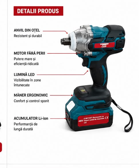 Bormasina Pistol cu impact 48V 10Ah , cu 2 acumulatori si accesorii CAMPION PROFESSIONAL [4]
