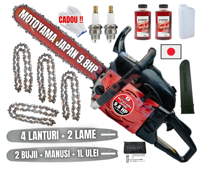 9.8CP MOTOYAMA JAPAN Drujba benzina + 4 lanturi + 2 lame + x2 ulei amestec 0.5L + x2 bujii + accesorii + manusi protectie + palnie Japan PROFFESIONAL [1]