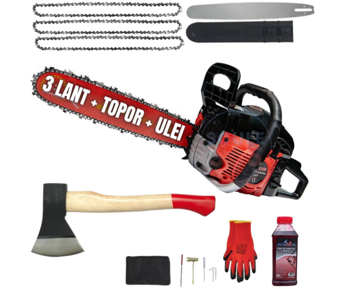 8.5CP *PACHET* Drujba benzina + 3 lanturi + 1 lama + TOPOR , x1 ulei ameste 0.5l + accesorii + manusi protectie CAMPION Profesional [1]