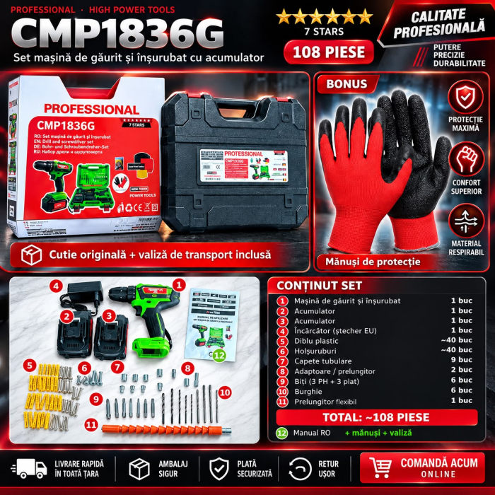 AUTOFILETANTA 48V / 10 AH BORMASINA CAMPION CU 2 ACUMULATORI, INCARCATOR , 100 ACCESORII + CADOU IN CUTIE [4]
