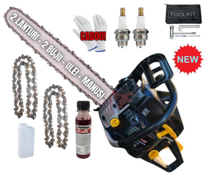 *BLACK-FRIDAY - DRUJBE* 8.5cp Drujba benzina + 2 lanturi + 1 ulei amestec 125Ml + x2 bujii + palnie + accesorii + manusi protectie + pila lant, CAMPION [1]