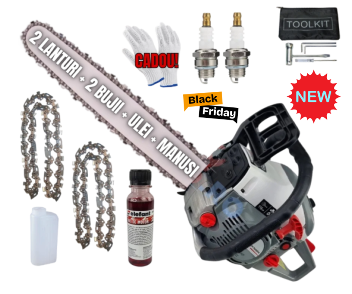 *BLACK-FRIDAY - DRUJBE* 8.5cp Drujba benzina + 2 lanturi + 1 ulei amestec 125Ml + x2 bujii + palnie + accesorii + manusi protectie, CAMPION [1]