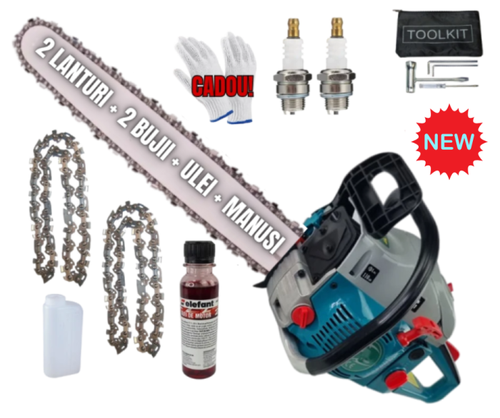 *BLACK-FRIDAY - DRUJBE* 8.5cp Drujba benzina + 2 lanturi + 1 ulei amestec 125Ml + x2 bujii + palnie + accesorii + manusi protectie, CAMPION [1]