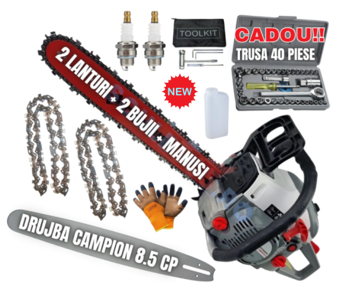 *CADOU INCLUS* 8.5cp Drujba benzina + Trusa 40PCS tubulare + 2 lanturi + x2 bujii + accesorii + manusi protectie + pila lant , CAMPION Profesional [1]