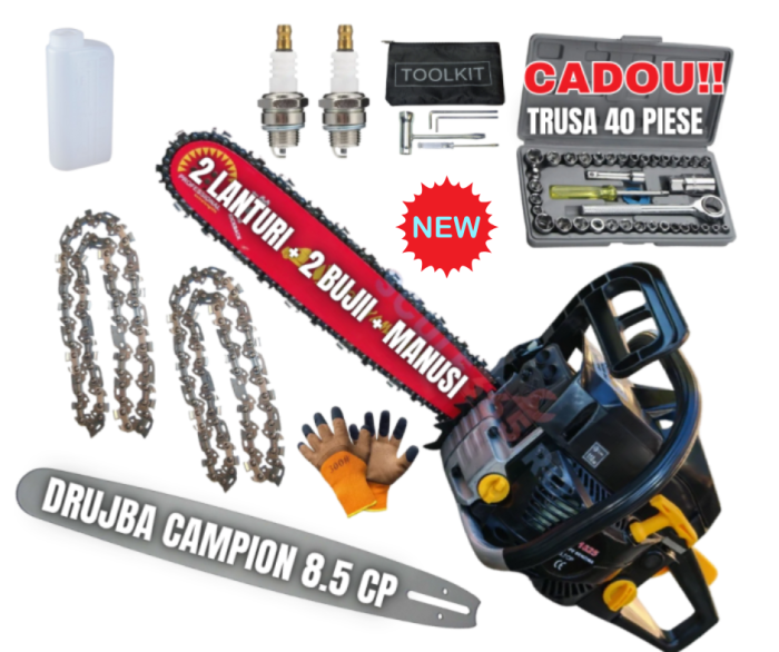 *CADOU INCLUS* 8.5cp Drujba benzina + Trusa 40PCS tubulare + 2 lanturi + x2 bujii + accesorii + manusi protectie + pila lant, CAMPION Profesional [1]