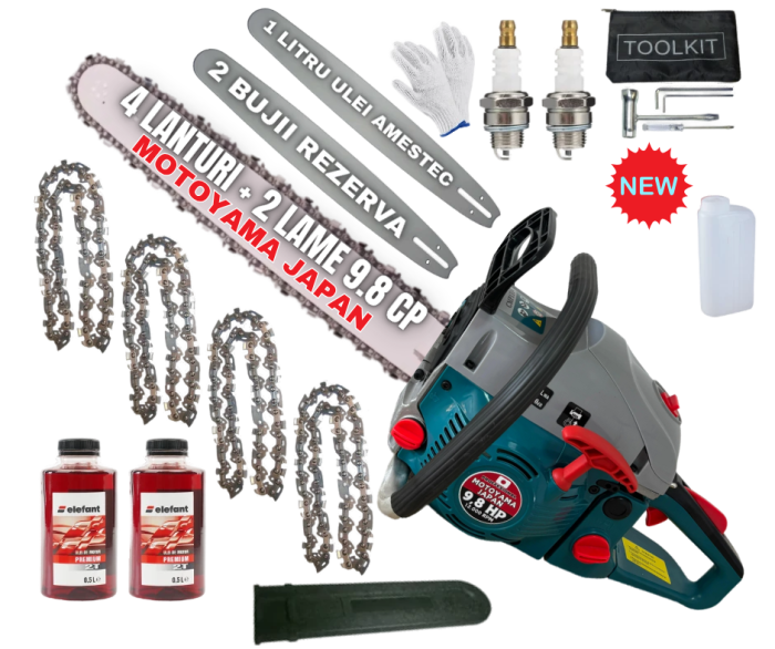 *BALCK-FRIDAY* 9.8CP MOTOYAMA JAPAN Drujba benzina + 4 lanturi + 2 lame + x2 ulei amestec 0.5L + x2 bujii + accesorii + manusi protectie + palnie Japan PROFFESIONAL [1]