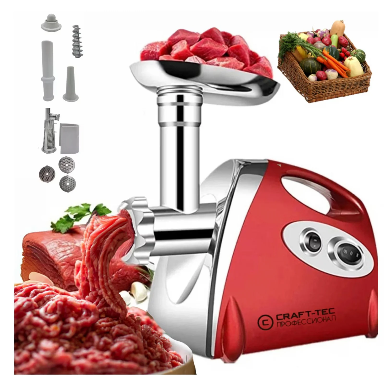 Mașina electrică de tocat carne CRAFT-TEC 3800W Accesorii rosii, carnati, chiftele, 3 site, functia revers, motor cupru [1]