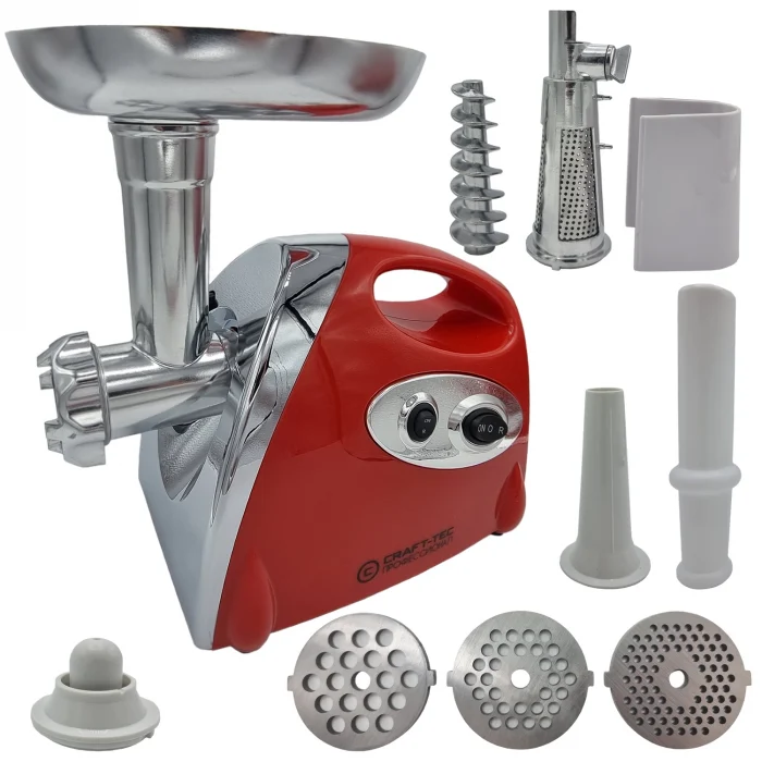 Mașina electrică de tocat carne CRAFT-TEC 3800W Accesorii rosii, carnati, chiftele, 3 site, functia revers, motor cupru [2]