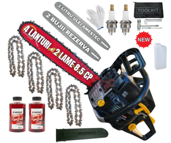 *MEGA PACHET* 8.5cp Drujba benzina + 4 lanturi + 2 lame + x2 ulei amestec 0.5L + x2 bujii + accesorii + manusi protectie + pila lant, CAMPION Profesional [1]
