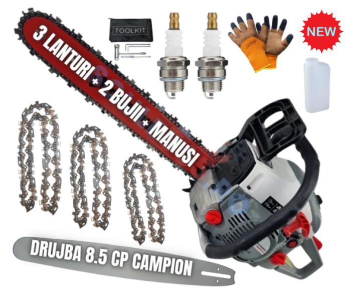 *MEGA Pachet* 8.5cp Drujba benzina + 4 lanturi + x2 bujii + accesorii + manusi protectie + palnie, CAMPION Profesional [1]
