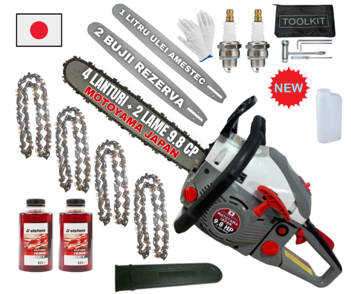 *MEGA PACHET* 9.8CP MOTOYAMA JAPAN Drujba benzina + 4 lanturi + 2 lame + x2 ulei amestec 0.5L + x2 bujii + accesorii + manusi protectie + palnie Japan PROFFESIONAL [1]