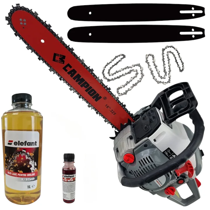 *OFERTA*Drujba cu lant pe benzina 8.5CP cu 2 Lame + 1 Lanturi + 1L Ulei lant + 125ml Ulei ungereCampion, 2 timpi, 40 cm lungime lama, lant 32 dinti, pornire easy start [1]