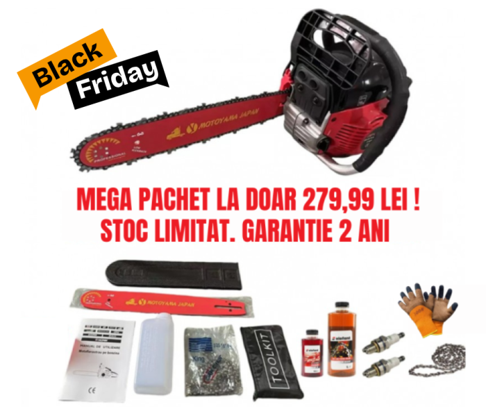 *BLACK-FRIDAY* Pachet: Drujba pe benzina CAMPION , 8.5 CP, motor 2 timpi + 1 ulei amestec 500 ml, 1 ulei de lant 1 l, 1 pereche manusi , 2 bujii de rezerva + 1 lant de rezerva [1]